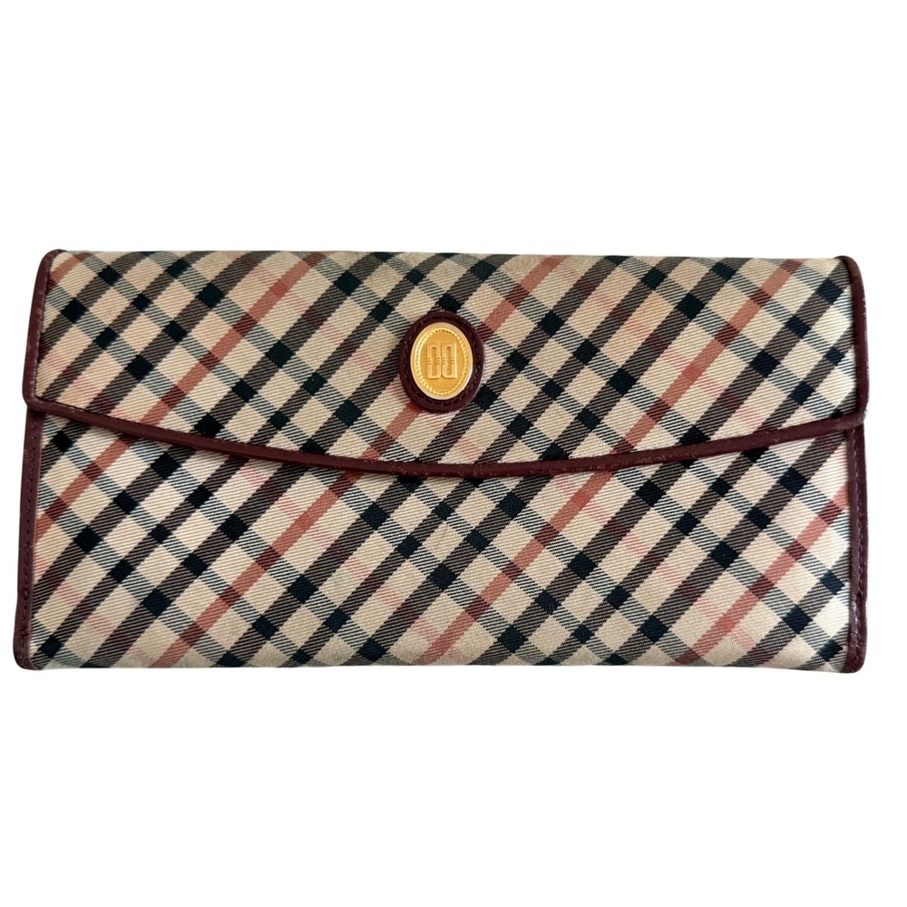 Vintage DAKS London Check Wallet Clutch Plaid Burgundy Leather Long Wallet